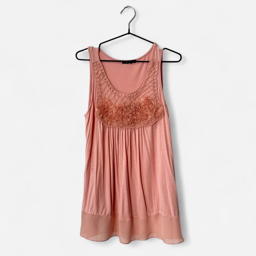 Y2K coquette Pink lace tank top with floral embroidery and 3d rose M/L